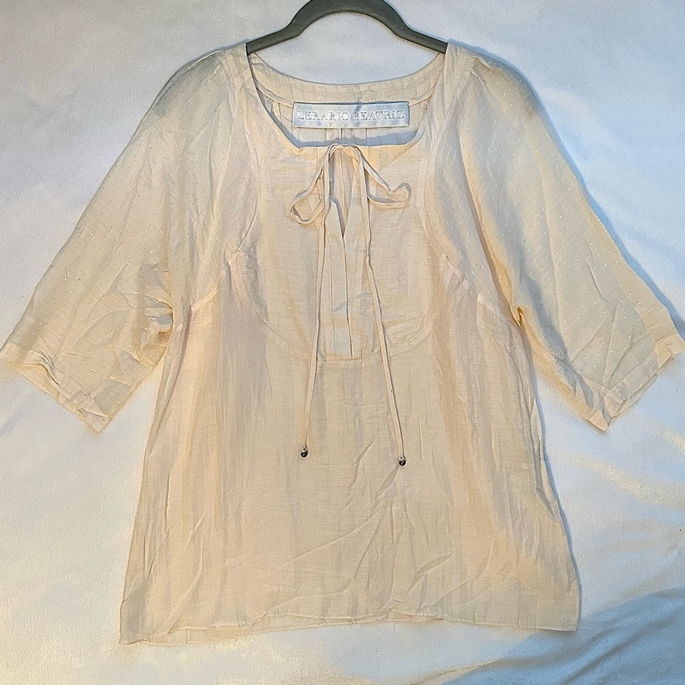 Lerario Beatriz Cotton & Silk Short Sleeve Blouse 6 Peasant Top cream delicate